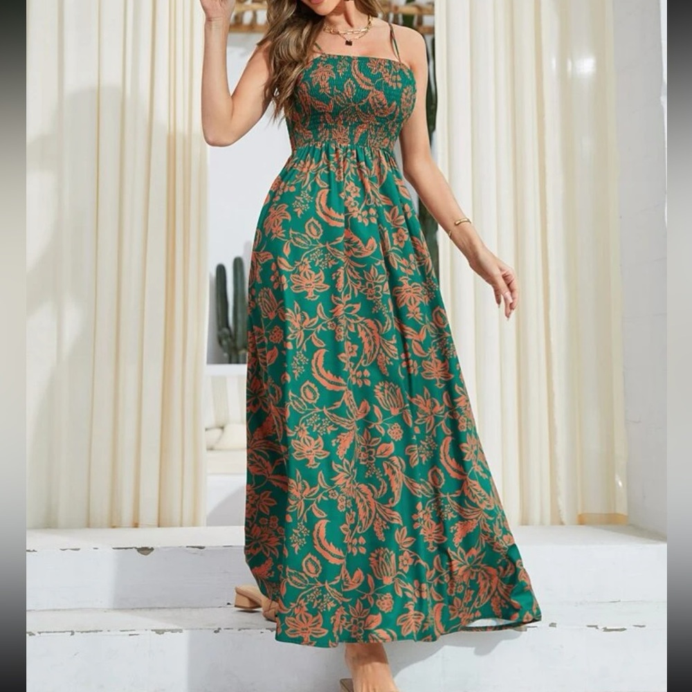 Boho Floral Paisleys Print Smocked Bodice Cami Maxi Dress - Picture 3 of 6